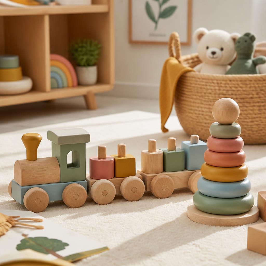 Knusse speelhoek met houten speelgoed