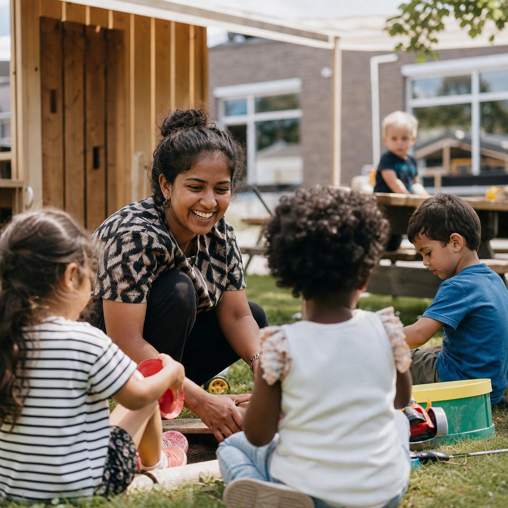Een lieve medewerker speelt buiten met kinderen bij Lunivé Kinderopvang