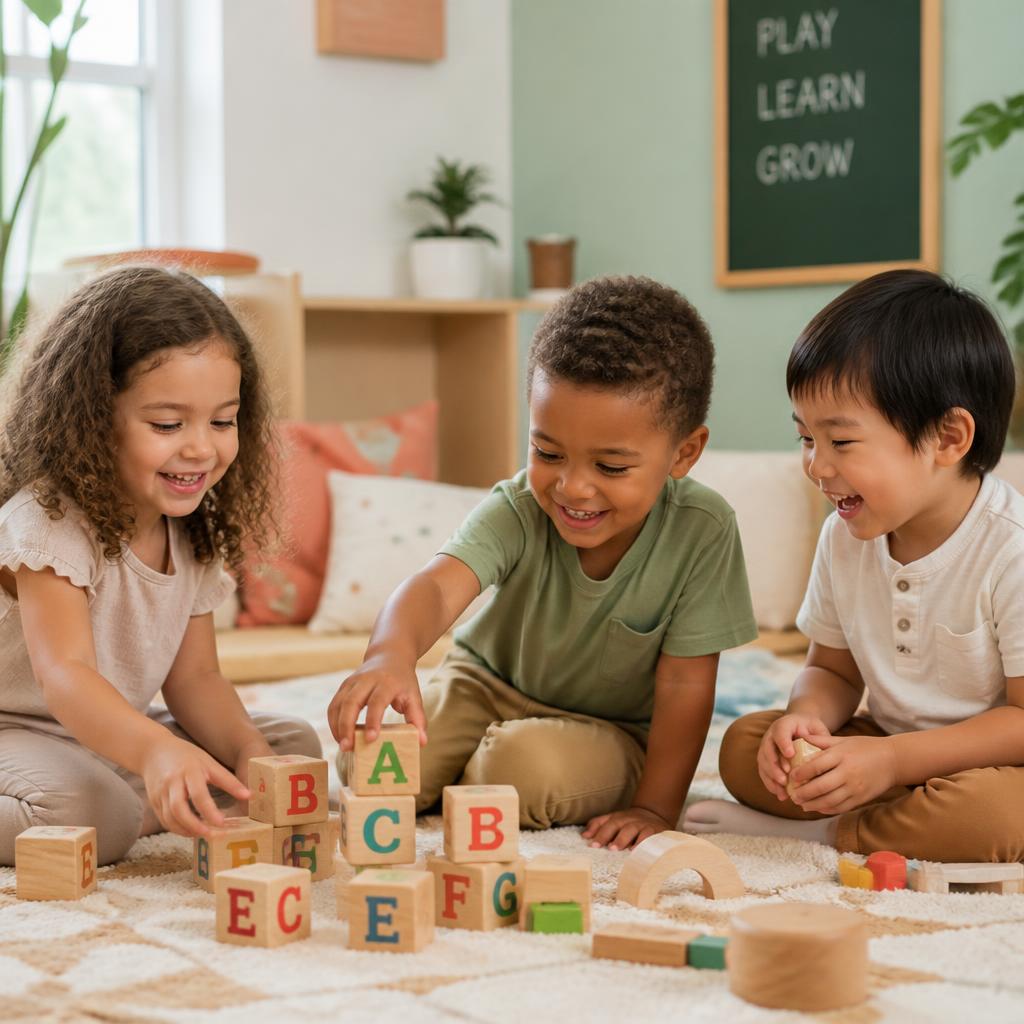 Drie kinderen spelen samen met houten ABC-blokken in een lichte, warme kinderopvang